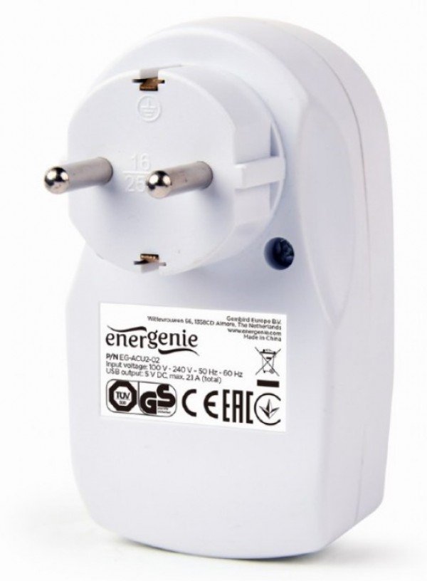 EG-ACU2-02 Gembird 2-portni USB punjac sa prolaznom AC uticnicom, 2,1 A, bela