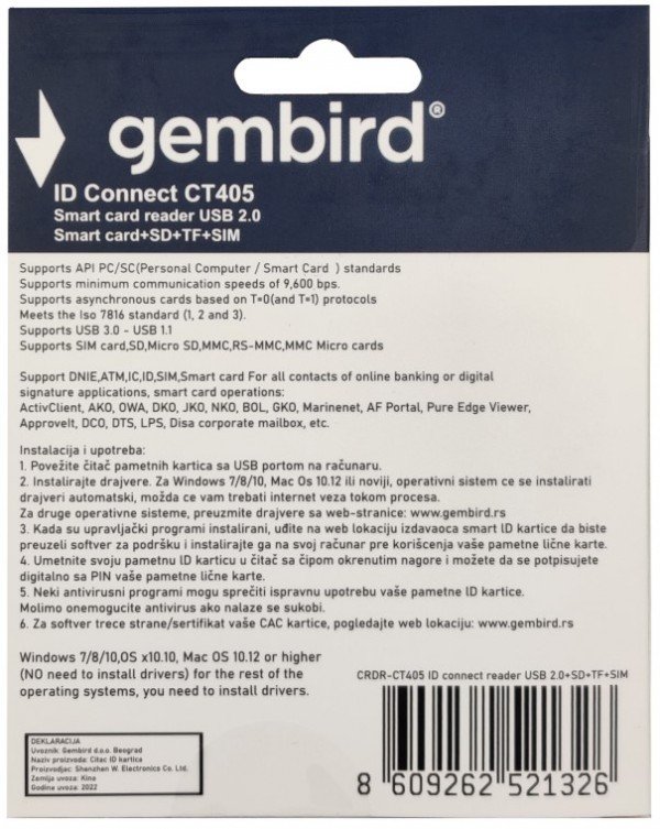 CRDR-CT405 ** Smart card reader USB2.0 Citac licne karte, sobracajne bank. +SD+TF+SIM reader (959)