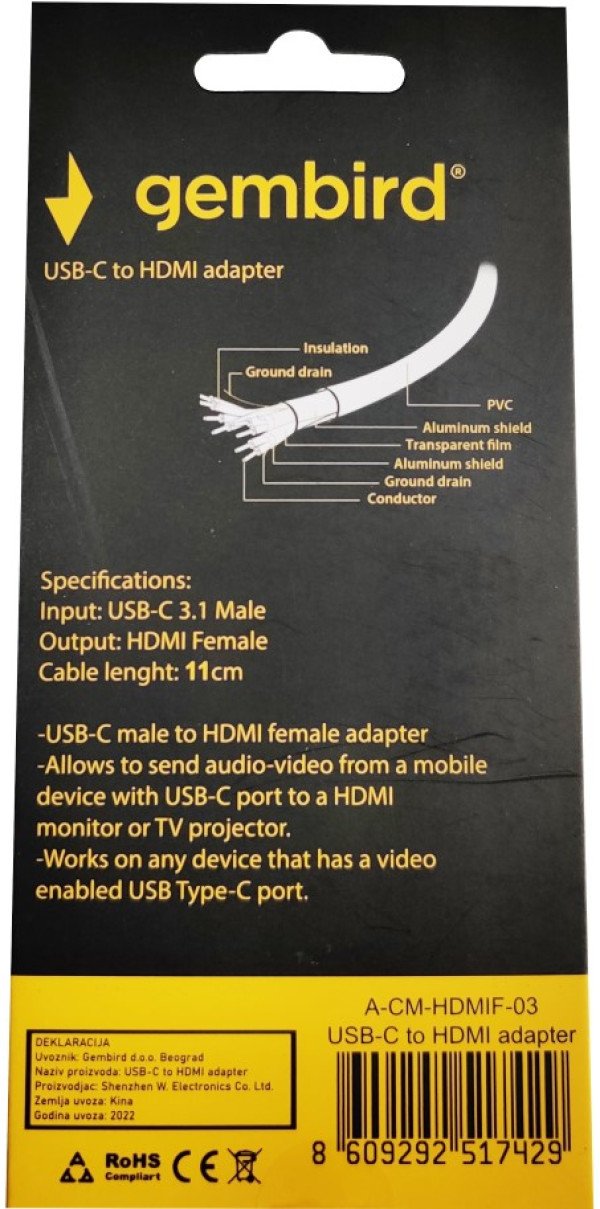 A-CM-HDMIF-03 ** Gembird TYPE-C TO HDMI 11cm CABLE (alt.A-CM-HDMIF-01, UH401, 479)
