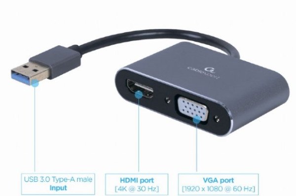 A-USB3-HDMIVGA-01 Gembird USB to HDMI + VGA display adapter, space grey
