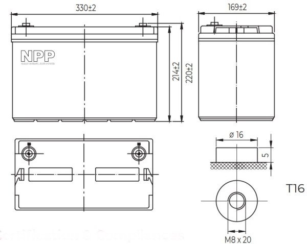 NPP NPG12V-100Ah, GEL BATTERY, C20=100AH, T16, 330x171x214x220, 27,3KG, Light grey - Slika 3