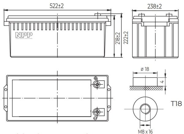 NPP NPG12V-200Ah, GEL BATTERY, C20=200AH, T16, 522x238x218x222, 52,8KG, Light grey