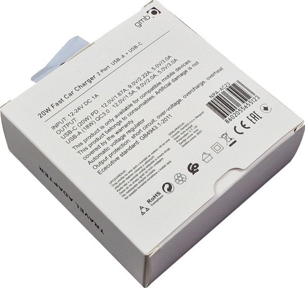 NPA-AC23 ** Gembird QC3.0 PD auto punjac +kabl-C,20W 3.6V-6.5V/2.4A, 6.5V-9V/1.67, 9V-12V/1.3A (287) - Slika 3