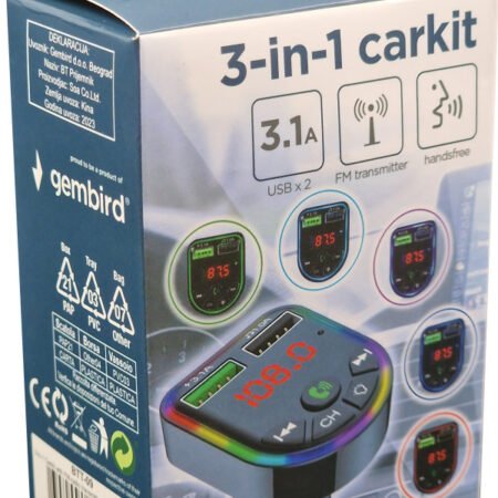 BTT-09 ** Gembird 3-in-1 Bluetooth carkit with FM-radio transmitter and USB 3.1 A charger, blk (490)