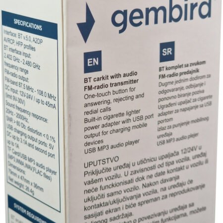 BTT-09 ** Gembird 3-in-1 Bluetooth carkit with FM-radio transmitter and USB 3.1 A charger, blk (490)