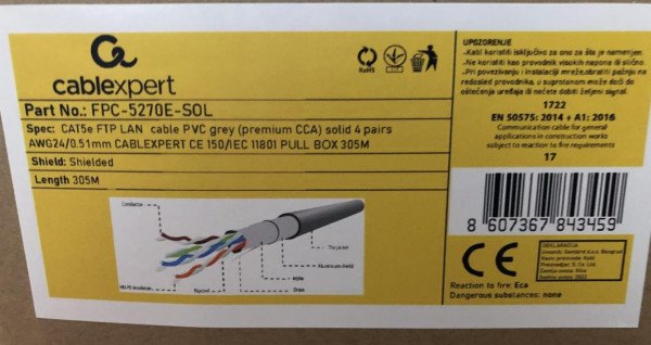 FPC-5270E-SOL Gembird, FTP cat5E Indoor, solid 24AWG, 0,51mm PREMIUM CCA kotur pun presek 305m