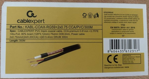 KABL-COAX-RG59+2X0.75 CCA/PVC/300M Koaksialni kabl sa napojnim kablom 2x0,75mm black 300m - Slika 2