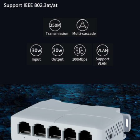 POE-EXT-14F 5 port, 100mbps POE extender, 30/60W 8W/port, POE voltage 44-57Vdc, 100m, 802.3af/at
