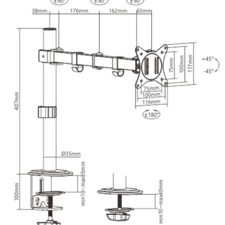 MA-D1-01 Gembird Podesivi stoni drzac za monitor jedna ruka-Produzeni, tilt, 17-32 max.9kg(MA-D1-033
