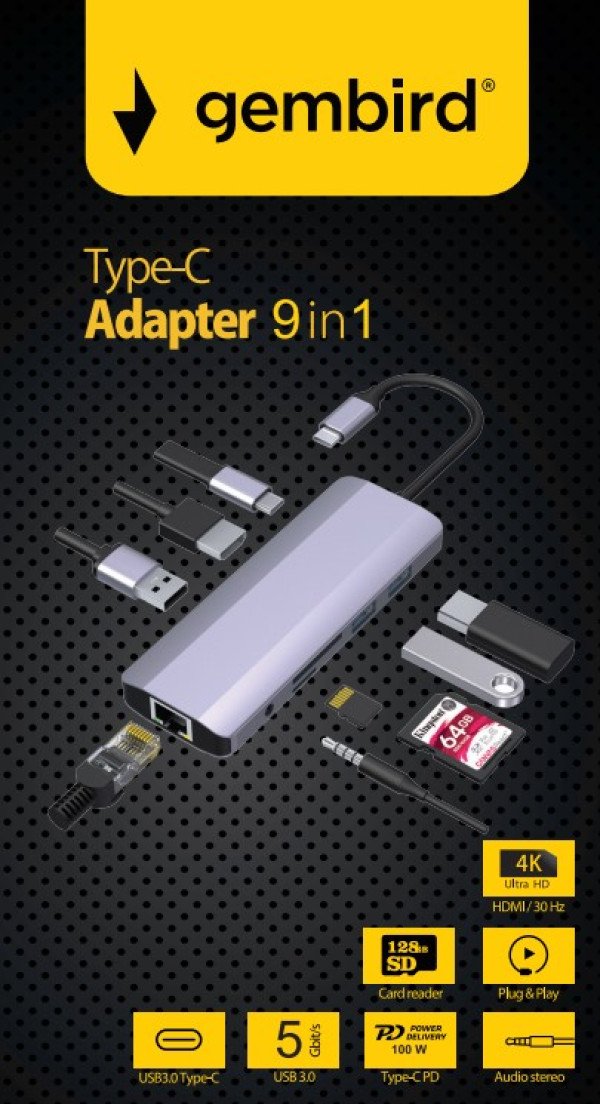 A-CM-COMBO9-06 ** Gembird USB-C 9-in-1 multi-port RJ45+USB3.0+SD+USB-C+HDMI+USB2.0+3,5mm (1359) - Slika 2