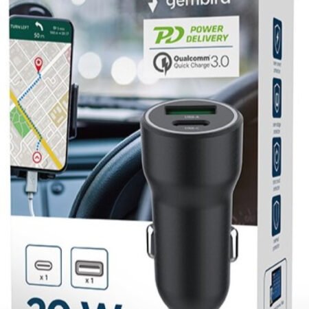 TA-UC-A2PDQC20-CAR-01 Gembird 2-port USB car fast charger, Type-C PD, 20 W, black