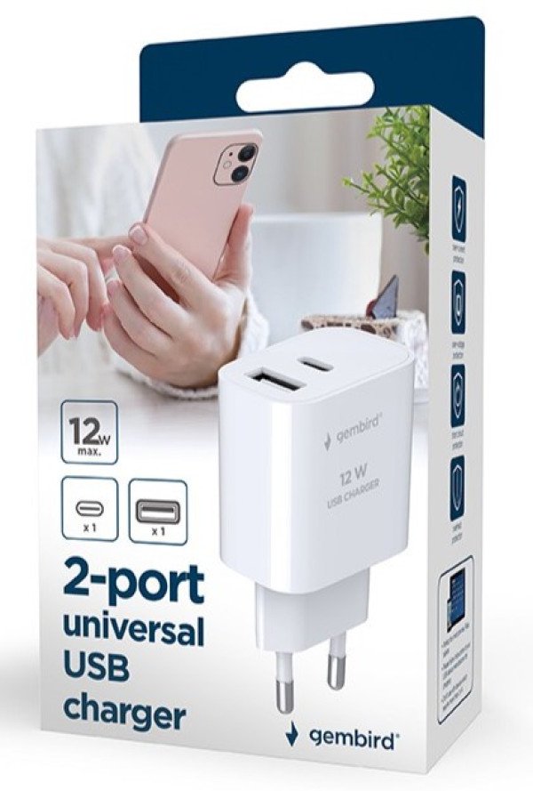 TA-UC-2AC12-01 Gembird USB punjac, 2-port USB-A+ USB-C, 2.4 A, white - Slika 3