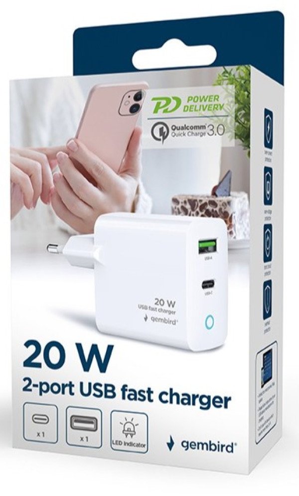 TA-UC-PDQC20L-W-01 Gembird punjac 20W, 2-port (USB-A+USB-C) LED, white - Slika 4