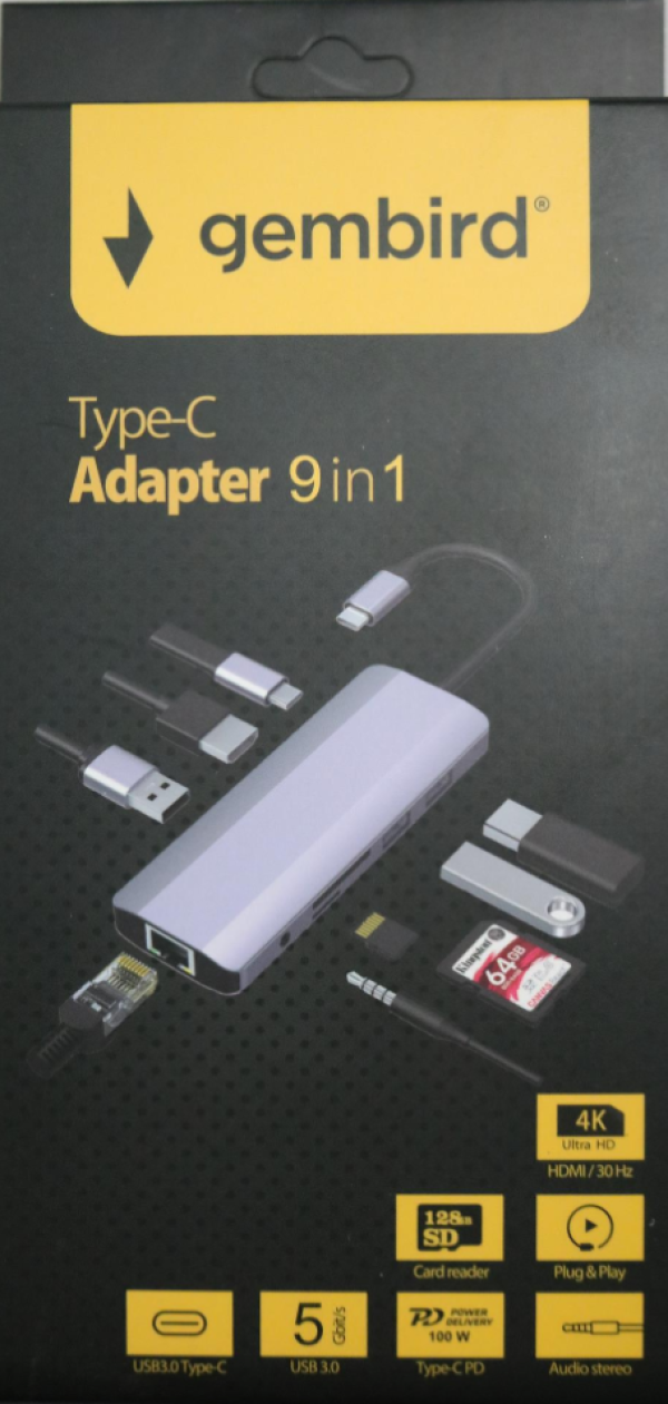 A-CM-COMBO9-03 ** Gembird USB Type-C 9in1 multi-port adapter USB-C+HUB+HDMI+PD+card+RJ45 Gbit (2159)