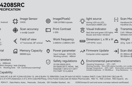 POS-BS4208SRC GMB 2d/OCR CMOS barcode scanner with CRADLE, barkod skener 2000mAh, 1MP, BT/WiFi
