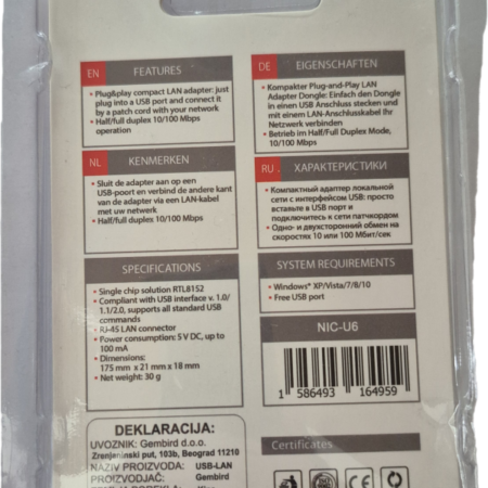 NIC-U6** Gembird USB 2.0 to Fast Ethernet LAN adapter 10/100 white,  mrezna kartica (399)