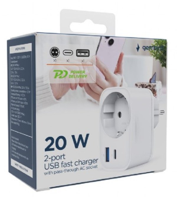 TA-ACPDQC20-01-W Gembird 20W 2-port USB brzi punjac sa pass-through AC socket-om, white - Slika 3
