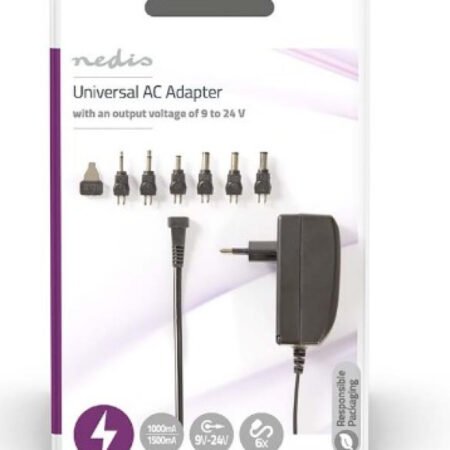 ACPA003 Universal AC Power Adapter 24W, 9-24V DC 1.80m 1.0-1.5A 6plug(s) Black