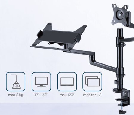MA-DA-04 Gembird Podesivi stoni drzac za monitor tilt, 17-32 max.8kg + nosac za laptop
