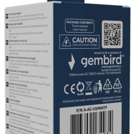 Travel adapter A-AC-USMINTF Gembird US suko 10A