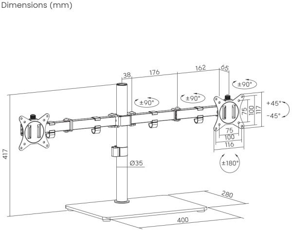 MS-D2ST-01 Gembird Podesivi stoni drzac za dva monitora, tilt, 17-32 max.2x9kg - Slika 2