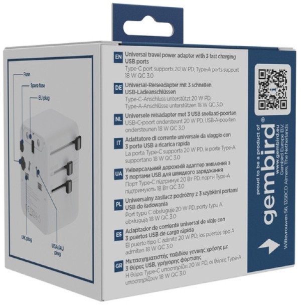 Travel adapter TPA-1A2C20-01-W Gembird Univerzalni 20W - Slika 2