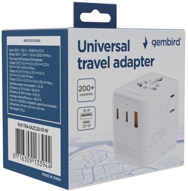 Travel adapter TPA-1A2C20-01-W Gembird Univerzalni 20W - Slika 3