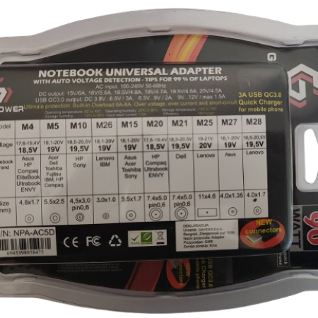 NPA-AC5D **Gembird  univerzalni laptop punjac AC 90W + QC3.0 mob.brzi punjac 3A, auto voltage (1253)