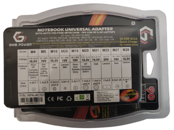 NPA-AC5D **Gembird univerzalni laptop punjac AC 90W + QC3.0 mob.brzi punjac 3A, auto voltage (1253)