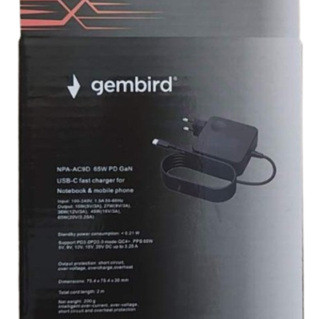 NPA-AC9D Gembird punjac za laptop 65W, kabl 2m USB-C, 5V/3A,9V/3A,12V/3A,15V/3A,20V/3.25A