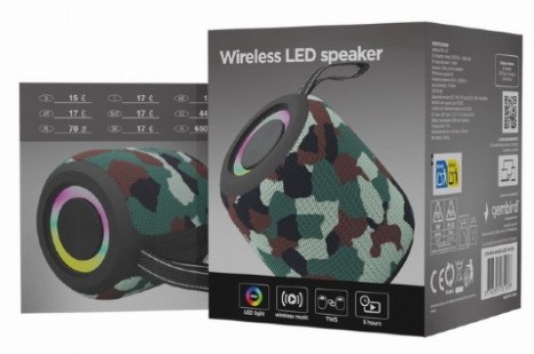 SPK-BT-LED-05-CM Gembird Portable Bluetooth RGB LED TWS speaker, 8W, BT, FM, USB, Handsfree, CAMO - Slika 3