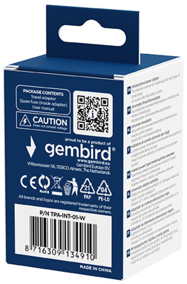 Travel adapter TPA-INT-01-W Gembird Univerzalni