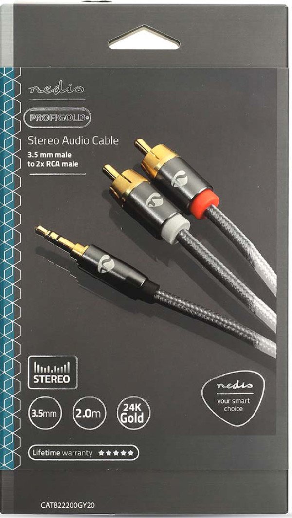 CATB22200GY20 Stereo audio kabl, 3,5 mm muški, 2x RCA muški, Pozlaceni, 2,00 m, Okrugli, Sivi - Slika 3