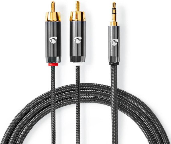 CATB22200GY20 Stereo audio kabl, 3,5 mm muški, 2x RCA muški, Pozlaceni, 2,00 m, Okrugli, Sivi - Slika 2
