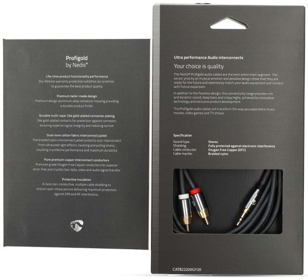CATB22200GY20 Stereo audio kabl, 3,5 mm muški, 2x RCA muški, Pozlaceni, 2,00 m, Okrugli, Sivi