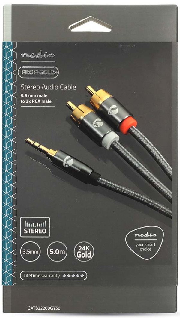 CATB22200GY50 Stereo audio kabl, 3,5 mm muški, 2x RCA muški, Pozlaceni, 5,00 m, Okrugli, Sivo-metal