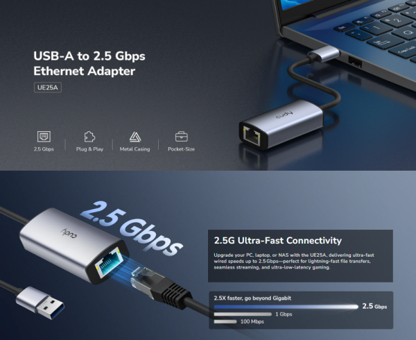 Cudy UE25A, USB-A adapter za Ethernet od 2.5 Gbps , 10/100/1000/2500 Mbps - Slika 3