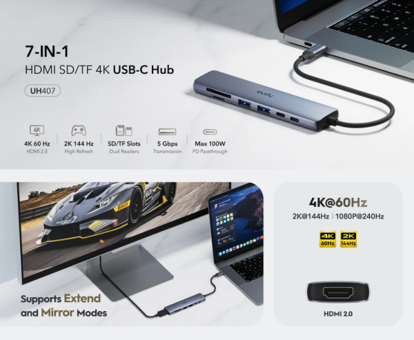 Cudy UH407 , 7-In-1 HDMI SD/TF 4K USB-C Hub, 60/144/240 Hz, 5Gps, 100W - Slika 3