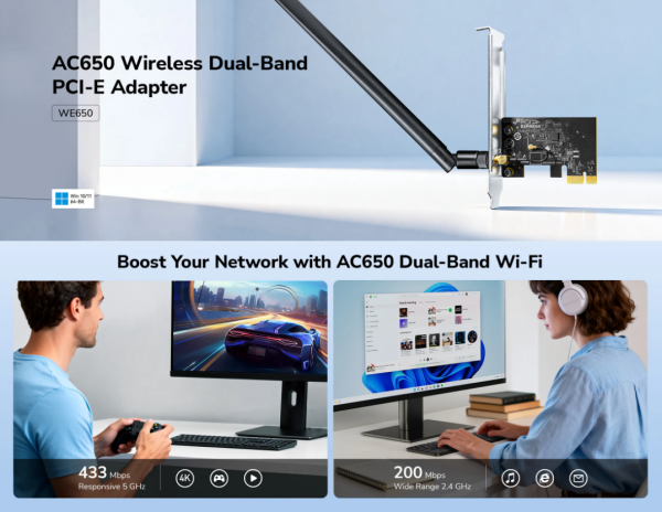 Cudy WE650,AC650 Bezicni PCI-E adapter sa dva opsega, 433 Mbps + 200 Mbps ,Dual-Band Wi-Fi 5 - Slika 4