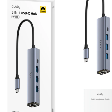 Cudy UH605 1.0,5-In-1 USB-C Hub with Gigabit Ethernet Port,3× USB-A 3.2 Gen 1 (5 Gbps),25cm
