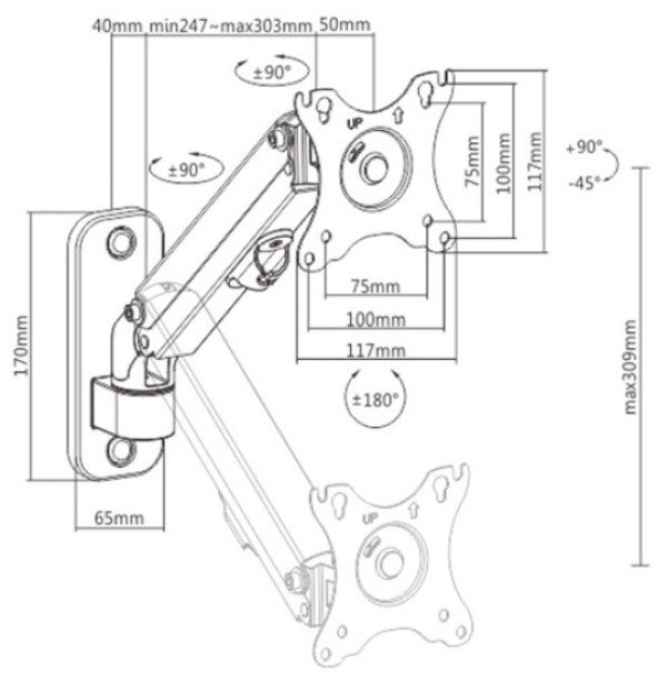 MA-WA1-01 Gembird Podesivi zidni drzac za monitor,tilt, 13-27 max.7kg - Slika 3