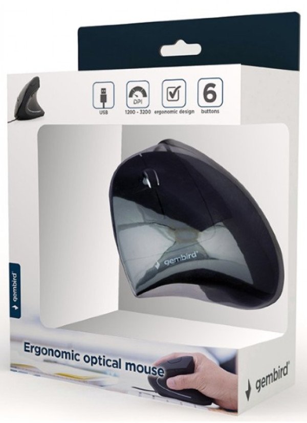 MUS-ERGO-01 Gembird Ergonomski 6-tastera opticki mis, crna 95mm