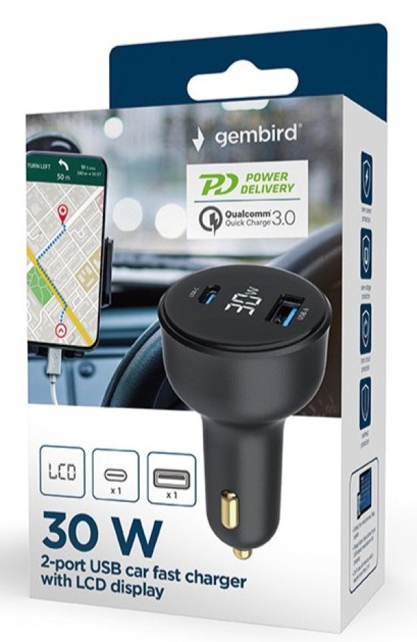 TA-UC-AC2PD30LCD-CAR-01 Gembird 2-port USB brzi punjac za auto, Type-C PD, LCD, 30W, black - Slika 2
