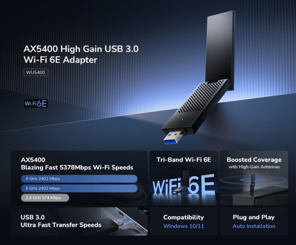 Cudy WU5400, AX5400 High-Gain USB 3.0 Wi-Fi 6E Adapter 2.4/5/6 GHz, 574 Mbps/2402 Mbps - Slika 3