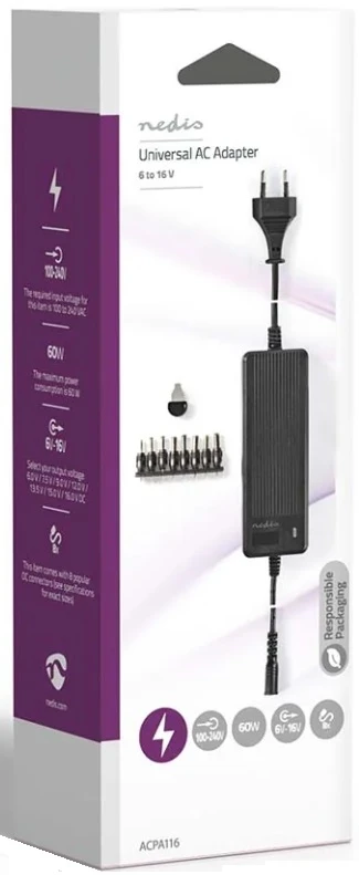ACPA116 Universal AC Power Adapter 60W, 6-16V DC, 1.10m 5.0-5.2A 8-plug(s), Black - Slika 2
