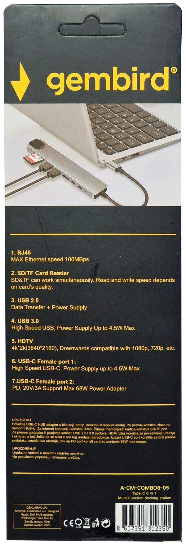 A-CM-COMBO8-05 * Gembird USB HUB Type-C 8-in-1 multi-port adapter USB-C+USB-A+HDMI+PD+card+RJ45, FO - Slika 3
