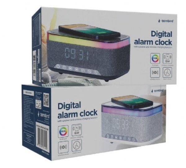 DAC-SPKBT-QC15-BK Gembird Digitalni sat+alarm sa bezicnim punjenjem telefona 15W i zvucnikom, FM, BT - Slika 3
