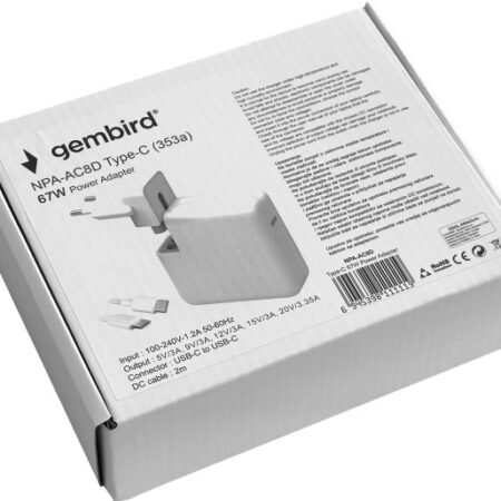 NPA-AC8D Gembird laptop 67W, kabl 2m USB-C to USB-C, 5V/3A,9V/3A,12V/3A,15V/3A,20V/3.35A