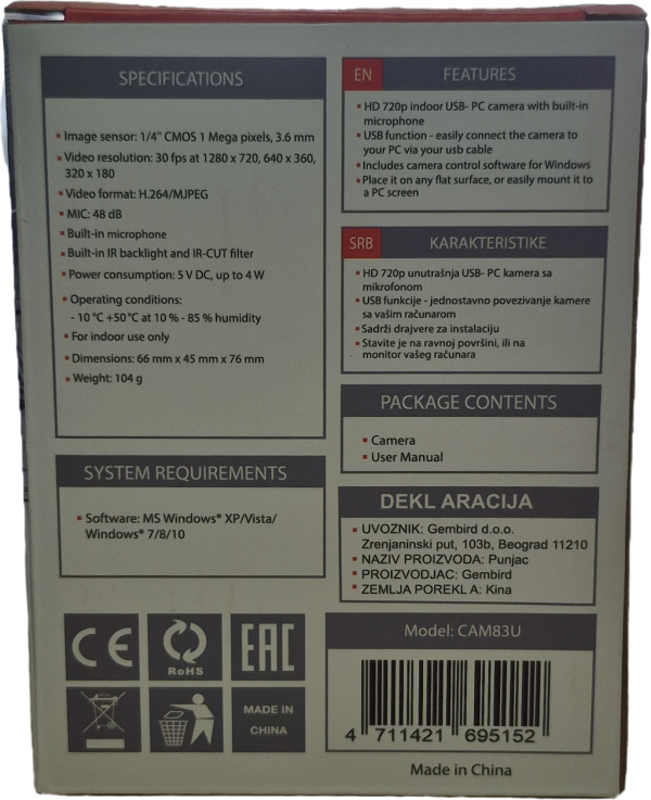 CAM83U Gembird Web kamera sa mikrofonom 720p USB+3,5mm (ALT GMB WEB-14) - Slika 2