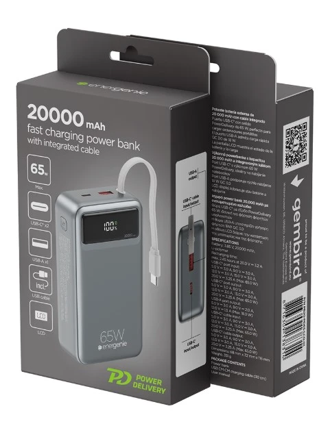 PB20-PD65-LCD-01 Gembird Powerbank od 65W za brzo punjenje sa integrisanim kablovima, 20000 mAh - Slika 3